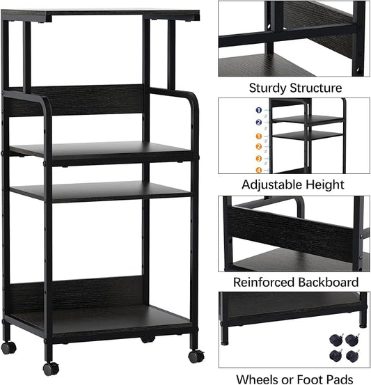 Arbuxzuy 4 Tier Stand with Storage Shelf, Tall Mobile Printer Table for Home Office, Adjustable Stands for Heat Press Scanner Fax (Black)