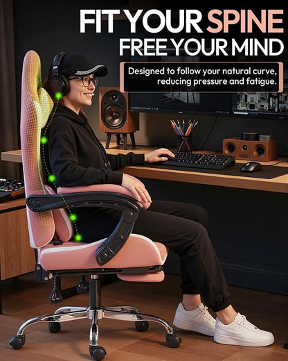 Dowinx Ergonomic Pink Gaming Chair with Footrest & Massage Lumbar, 2D-Linkage Armrests for Cute Aesthetic Esports Chair for Girls, Office, Home and Long Gaming Sessions, Pink