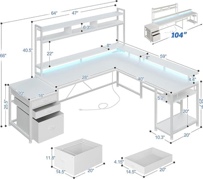 EnHomee 104''L Shaped Desk with 4 Layouts,Outlet for Two Person Home Office | 4 Layout Sizes 64''–104'', Multi-Room Compatibility, 4 AC+2 USB Outlet, Multi-Monitor Stand, Simultaneous Work and Charging