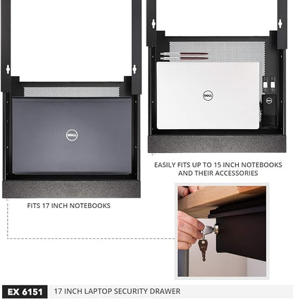Penn Elcom Under Desk Laptop Drawer, Lockable, for 17” Laptops - Premium Sliding Security Drawers - Model EX-6151B