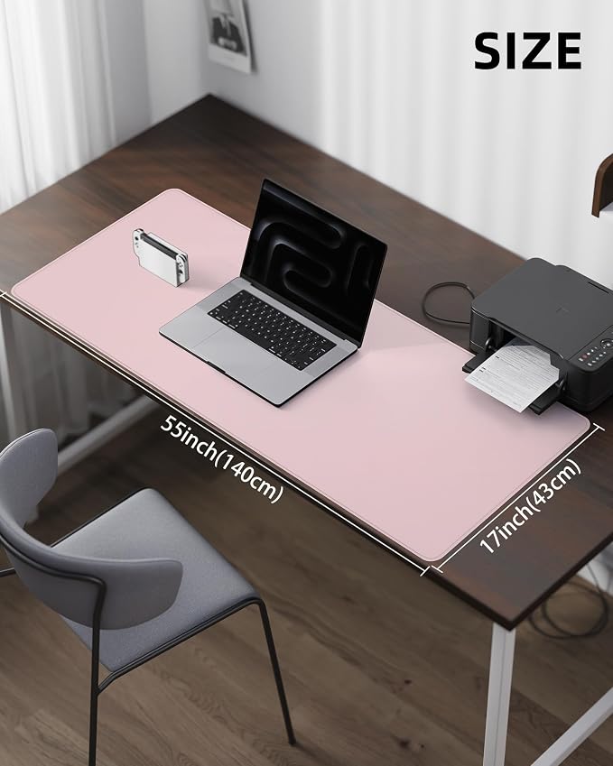 PU Leather Desk Mat Protector - 55"x17" Large Non-Slip Office Desk Pad, Waterproof Keyboard & Mouse Pad, Premium Workstation Cover for Home & Office (Light Pink)