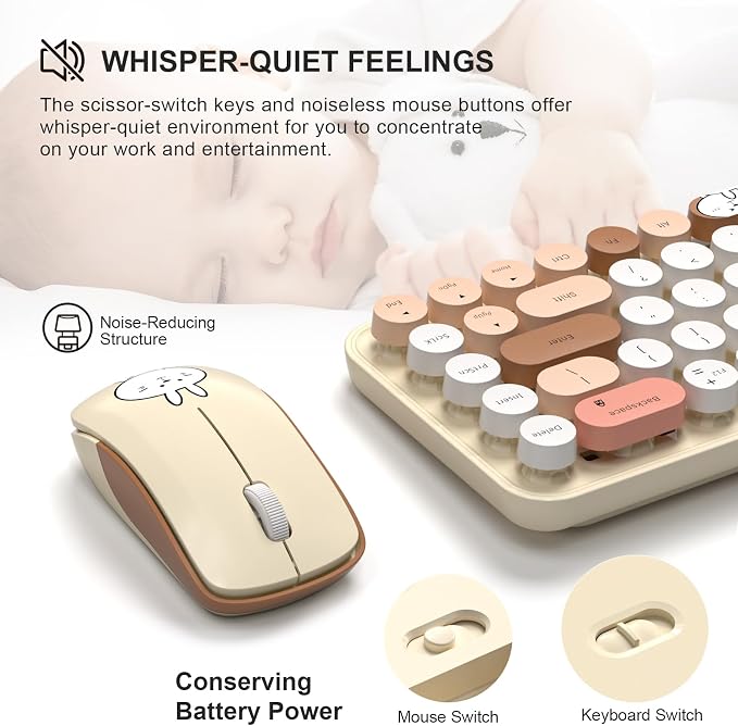 FOPETT Wireless Keyboard and Mouse Cute Mouse and Keyboard 2.4G Wireless Keyboards with Colorful 68 Keys Typewriter Retro Round Keycap for PC, Laptop,Tablet,Computer Windows - Milk Tea Colorful