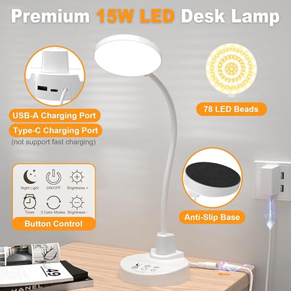 15W LED Desk Lamp with USB Charging Ports – Dimmable Table Lamp with 3 Color Temps, 5 Brightness, 4 Timers, Flexible Gooseneck Light with Base, Eye-Caring Reading Light for Home Office, Bedroom, Study