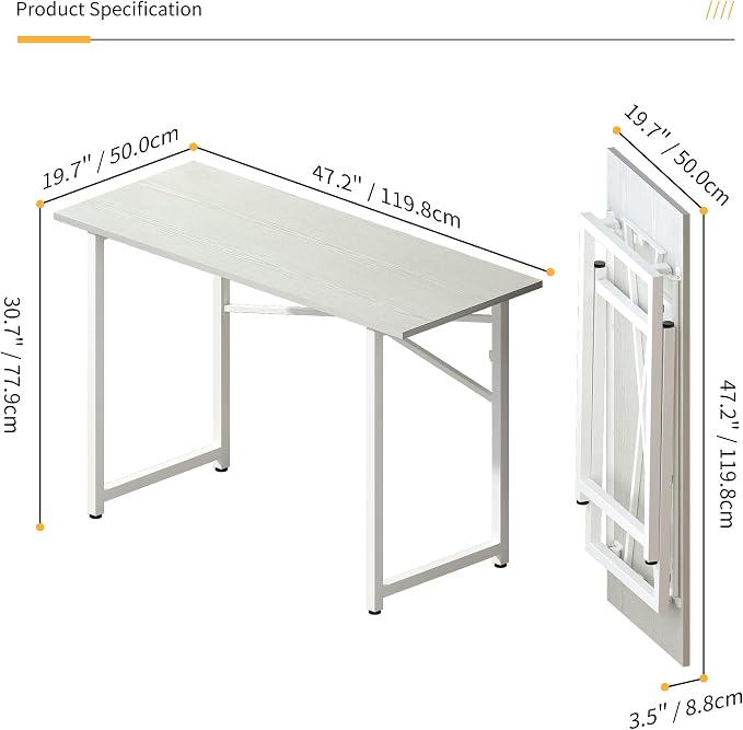 Lutown-Teen Folding Desk 47 inch No Assembly Required Home Office Table, Writing Gaming Computer Camping Desk, White