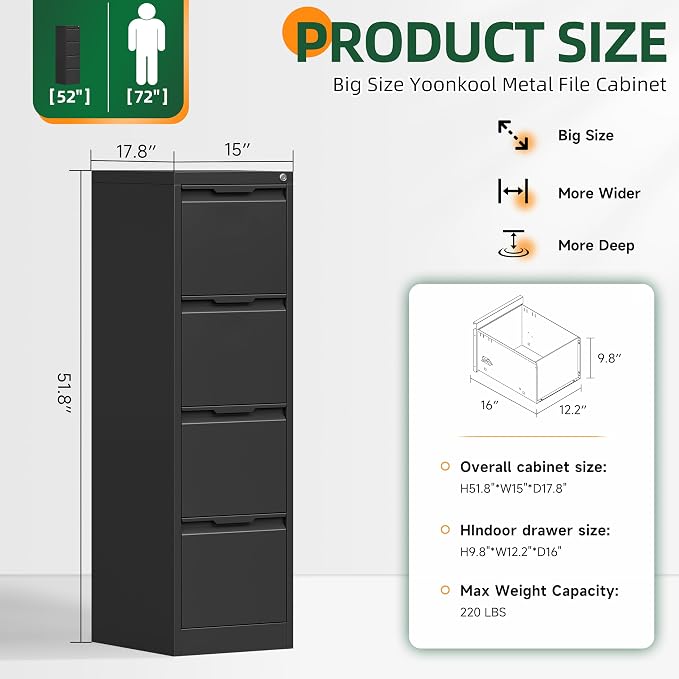 4 Drawer File Cabinet with Lock, Filing Cabinets for Home Office | Tall File Cabinet, Lockable File Cabinet, Metal File Cabinet for Letter/Legal/A4/F4 Size, Assemble Required