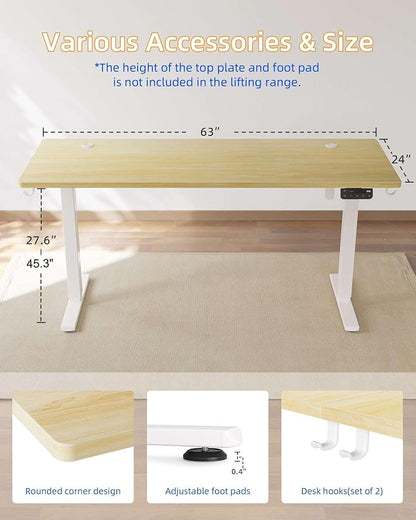 YIHAYO Electric Standing Desk, 63 x 24 Inches Stand Up Desk with Splice Board, Adjustable Height Desk, Computer Desk for Home Office, White Frame/Natural Top