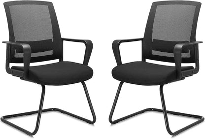 CLATINA Waiting Room Chairs with Armrests and Adjustable Lumbar Support, Breathable Mesh Back Desk Chair No Wheels, Office Guest Chairs & Reception Chair for Conference Room, Black, 2PK