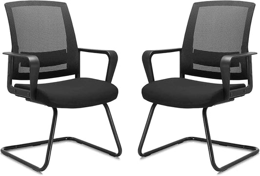 CLATINA Waiting Room Chairs with Armrests and Adjustable Lumbar Support, Breathable Mesh Back Desk Chair No Wheels, Office Guest Chairs & Reception Chair for Conference Room, Black, 2PK