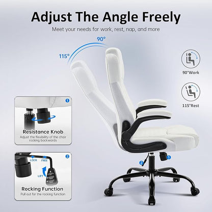 amseatec Office Chair, Executive PU Leather Chair Home Office Desk Chairs, Ergonomic Computer Desk Chair with Adjustable Flip-Up Arms, Lumbar Support Swivel Task Chair with Rocking Function (White)