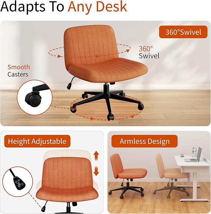Criss Cross Chair with Wheels, Cross Legged Office Chair, Armless Office Chairs Adjustable Height Swivel Tilting Vanity Chairs for Home Bedroom (PU Leather, Orange)