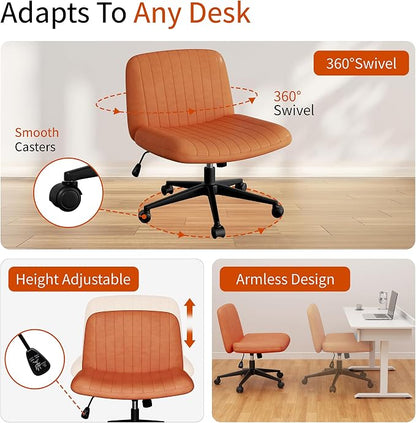 Criss Cross Chair with Wheels, Cross Legged Office Chair, Armless Office Chairs Adjustable Height Swivel Tilting Vanity Chairs for Home Bedroom (PU Leather, Orange)