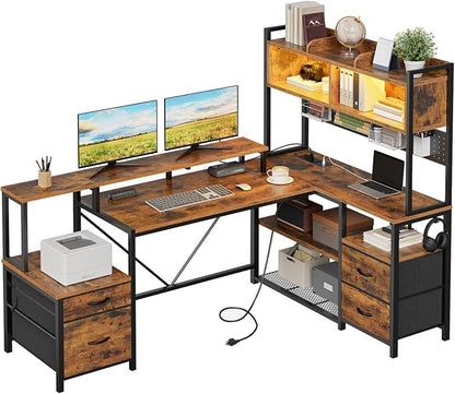 RALGEND 75" L Shaped Gaming Desk with Drawers, Computer Corner Desk with Storage Shelves for Home Office, Gaming Desk with Monitor Stand, Hutch, LED Light & Power Outlet, Rustic Brown and Black