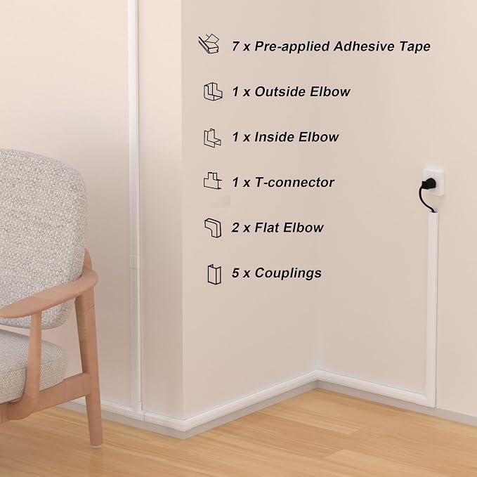 110in Cord Covers for Wires on Wall Kit, Large Cord Hider Wall Kit, Wire Covers for 3-4 Cords on Wall, White TV Cable Hider Cable Raceway, Simple Setup Wire Hider, W1.2 X H0.6in