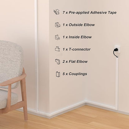 110in Cord Covers for Wires on Wall Kit, Large Cord Hider Wall Kit, Wire Covers for 3-4 Cords on Wall, White TV Cable Hider Cable Raceway, Simple Setup Wire Hider, W1.2 X H0.6in