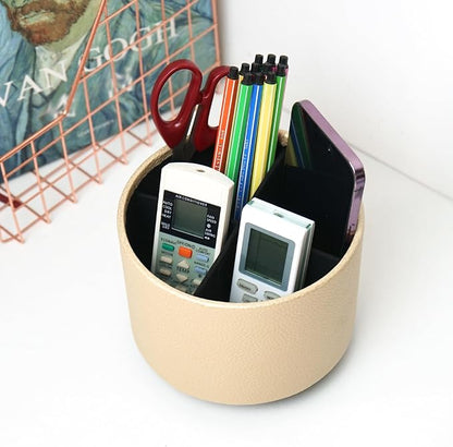 Round Leather Art Supply Organizer,Remote Control Holder,360 Degree Spinning,Multi-Functional Pencil Holder,4 Compartments Desktop Stationary Organizer(1-Lichee Gold)