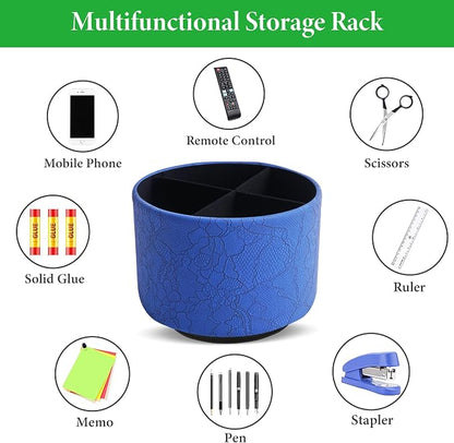 Round Leather Art Supply Organizer,Remote Control Holder,360 Degree Spinning,Multi-Functional Pencil Holder,4 Compartments Desktop Stationary Organizer(1-Lace Flower Blue)