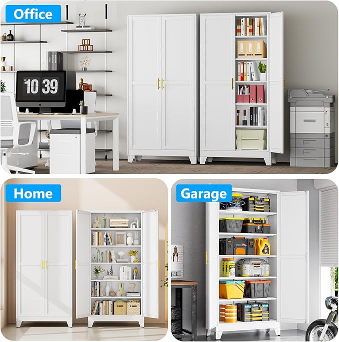 pozdeg 75" Tall Metal Storage Cabinet with 2 Doors & 5 Adjustable Shelves, Widen Steel File Cabinet Multipurpose Organizer for Home Office Garage (White)