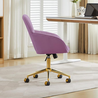 Velvet Home Office Desk Chair, Modern Cute Computer Task Chair with Back, Height Adjustable Upholstered Vanity Chair with Swivel Wheels for Women, Girls (Gold Base, Light Purple