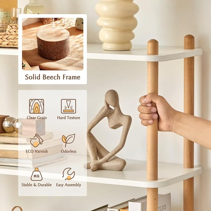 IOTXY 3-Tier Wooden Shelf Bookcase - Modern Open Bookshelf, Free Standing Storage Rack, Multifunctional Display Stand for Home and Office, White, Rectangle
