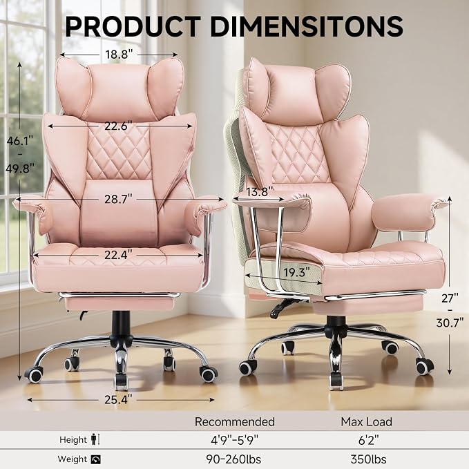 COMHOMA Big and Tall Office Chair, High Back Leather Gaming Chair with Footrest, Executive Ergonomic Office Chairs with Pocket Spring Lumbar Support and with Outward Fixed Soft Armrests
