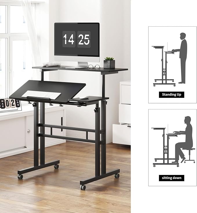 Soges Mobile Height Adjustable, Tiltable Top Desk - 31.5" Stand Up Computer Desk for Home Office, Black ZS-101-2BK