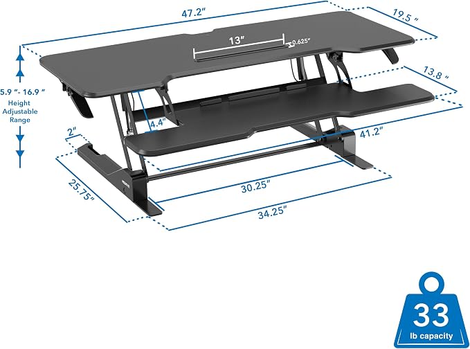 Mount-It! 47" Standing Desk Converter, XL Desktop Sit-Stand Desk Riser with Gas Spring Height Adjustment, Wide Desk Topper for Dual Monitors or Monitor & Laptop, Keyboard Tray, Black