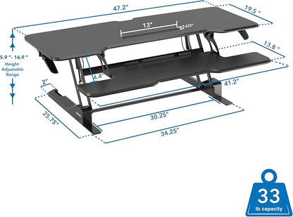 Mount-It! 47" Standing Desk Converter, XL Desktop Sit-Stand Desk Riser with Gas Spring Height Adjustment, Wide Desk Topper for Dual Monitors or Monitor & Laptop, Keyboard Tray, Black