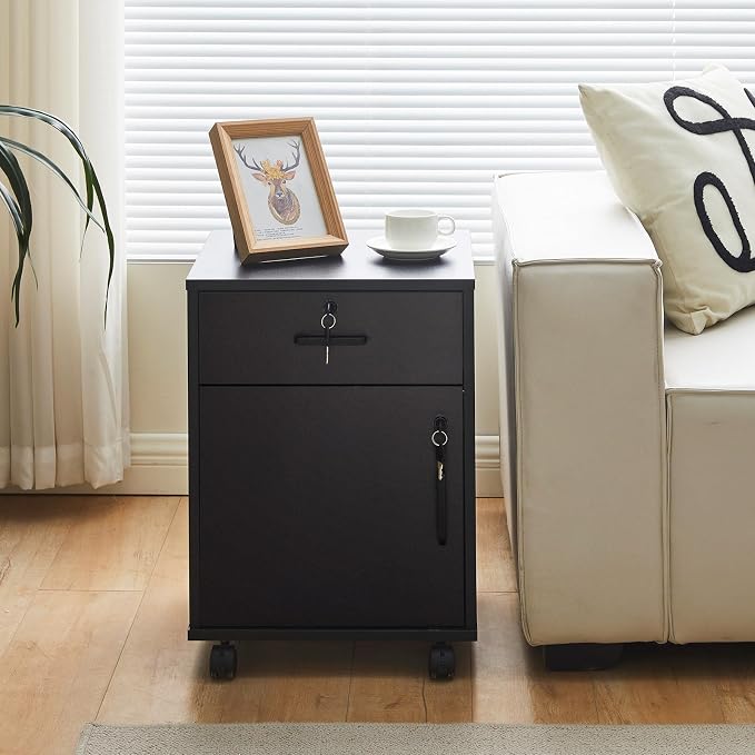 OFCASA 2 Drawer File Cabinet with Lock, Small Rolling Filing Cabinets for Home Office, Wood Under Desk File Cabinet with Wheels, Mobile Storage Organizer, Printer Stand for Letter/Legal, Black