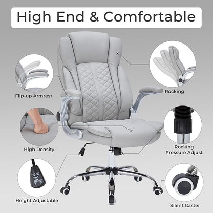400lbs Executive Office Chair with Flip-Up Armrests, Big and Tall Computer Chair for Heavy People, Heavy Duty Ergonomic Comfy Chair, Breathable PU Leather (Grey)