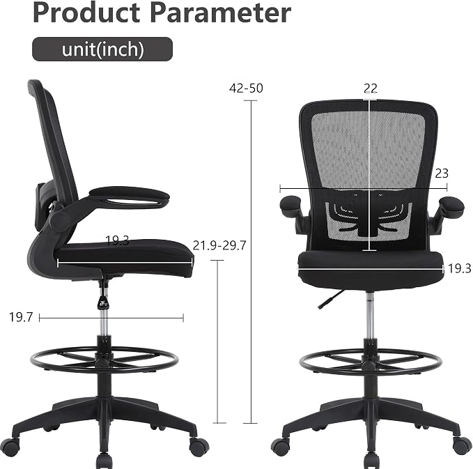 BestOffice Drafting Chair Tall Office Chair Adjustable Height with Lumbar Support Flip Up Arms Footrest Mid Back Task Mesh Desk Chair Computer Chair Drafting Stool for Standing Desk (B-Black)