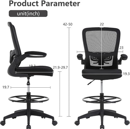 BestOffice Drafting Chair Tall Office Chair Adjustable Height with Lumbar Support Flip Up Arms Footrest Mid Back Task Mesh Desk Chair Computer Chair Drafting Stool for Standing Desk (B-Black)