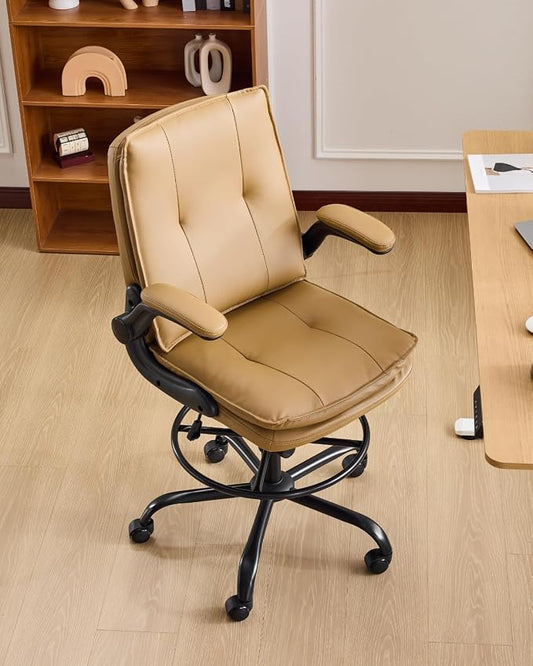 Karl home Tall Drafting Chair, Faux Leather Khaki | 330Lbs Capacity, Tall Office Chair for Standing Desk, Adjustable Height with Foot Ring, Flip-Up Armrests, PU Executive Chair
