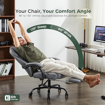 amseatec Big and Tall Office Chair with Footrest, Ergonomic Leather High Back Computer Chair Infinite Lock Reclining 90°-135°,20 Spring Packs,300lbs Executive Desk Chair for Home Office（Gray）
