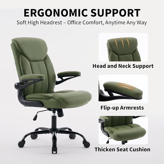 Home Office Ergonomic Desk Chair - Comfy Leather Executive Chair with Flip-Up Armrests, Height Adjustable Computer Chair for Gaming, 360° Swivel & Rocking (Green)
