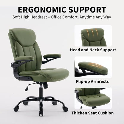 Home Office Ergonomic Desk Chair - Comfy Leather Executive Chair with Flip-Up Armrests, Height Adjustable Computer Chair for Gaming, 360° Swivel & Rocking (Green)