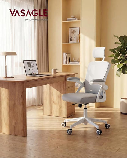 VASAGLE Ergonomic Mesh Office Chairs with Adjustable Lumbar Support and Headrest, 90-105° Tilt Function, Wide Seat, Flip‑Up Armrests, Computer Desk Chairs for Home Office, Set of 2, Dove Gray