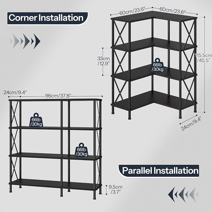 HOOBRO Corner Bookshelf, 4-Tier L-Shaped Bookcase, Industrial Open Display Shelf Tall Storage Organizer, Vertical Storage Rack, for Living Room, Home Office, Black BB59SJ01