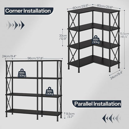 HOOBRO Corner Bookshelf, 4-Tier L-Shaped Bookcase, Industrial Open Display Shelf Tall Storage Organizer, Vertical Storage Rack, for Living Room, Home Office, Black BB59SJ01