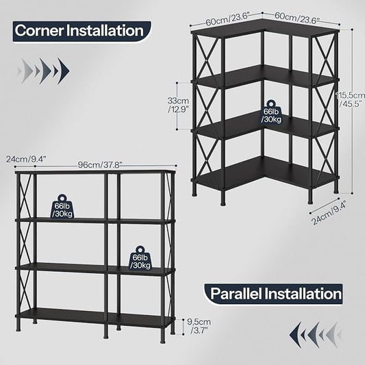 HOOBRO Corner Bookshelf, 4-Tier L-Shaped Bookcase, Industrial Open Display Shelf Tall Storage Organizer, Vertical Storage Rack, for Living Room, Home Office, Black BB59SJ01