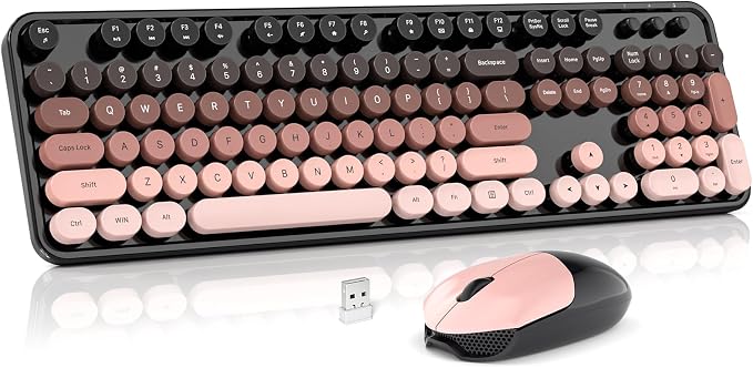 Wireless Keyboard and Mouse Combo, MOWUX Full Size Typewriter Retro Round Computer Keyboard, Cute Optical Mouse Wireless, Plug and Play, for Laptop, PC, Computer- BlackBerry Gradient