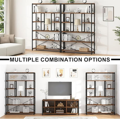 LVB Rustic Bookcases and Book Shelves, Metal Wood 6 Tier Bookshelf and Book Rack Storage, Industrial Vertical Display Etagere Book Case 6 Shelf, Vintage Large Book Shelf for Bedroom Living Room, Brown