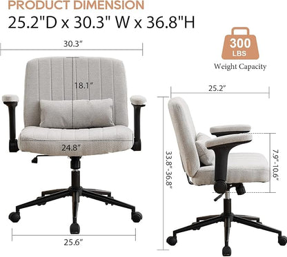 IPKIG Criss Cross Chair with Adjustable Flip-up Arms, Vanity Chair with Wheels, Comfy Desk Chair with Lumbar Pillow Swivel Wide Office Chair for Home Office, Bedroom, Chenille, Light Grey