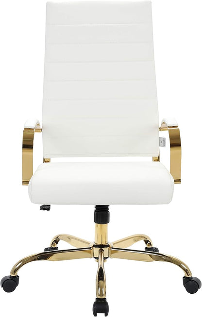 LeisureMod Modern High-Back Leather Office Chair - Swivel & Adjustable Executive Desk Chair with Gold Frame, Ergonomic Design for Home & Office (White, Set of 2)