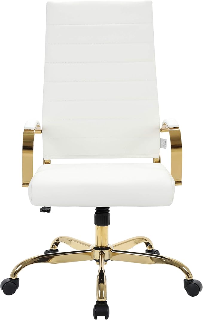 LeisureMod Modern High-Back Leather Office Chair - Swivel & Adjustable Executive Desk Chair with Gold Frame, Ergonomic Design for Home & Office (White, Set of 6)