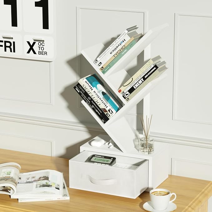 SHEEPAM Small Bookshelf with Drawer,4 Tier Tree Book Shelf,Wood Desk Bookshelves,Modern Free Standing Desktop Display Shelves,White Floor Standing Organizer Bookcase for Living Room,Bedroom,Office