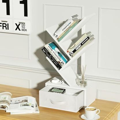 SHEEPAM Small Bookshelf with Drawer,4 Tier Tree Book Shelf,Wood Desk Bookshelves,Modern Free Standing Desktop Display Shelves,White Floor Standing Organizer Bookcase for Living Room,Bedroom,Office