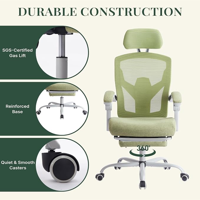 Ergonomic Office Chair with Footrest, High Back Home Desk Computer Chair with Lumbar Support & Headrest, 90-135° Reclining Mesh Back with Wheels for Work, Gaming, Green