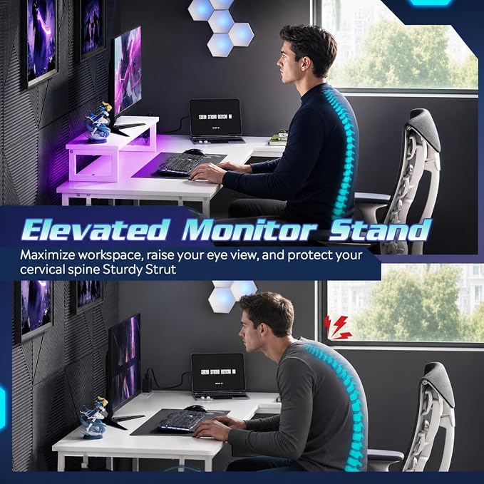 DEVAISE 47" L Shaped Gaming Desk with LED Lights and Power Outlets - Spacious Corner Computer Table with Monitor Stand and Storage Shelves for Work and Gaming, White