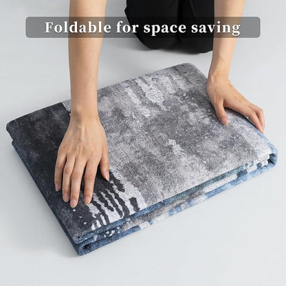 Ciicool 4ft Round Washable Rug, Modern Abstract Circle Rugs, Non-Slip Thin Low-Pile Rug Navy Grey Circular Print Distressed Carpet for Bedroom Living Room Under Dining Table Home Office Decor