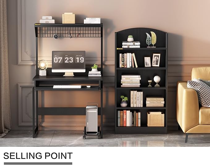 Computer Desk with Hutch and Storage Shelves，31.5 Inch Desk with Keyboard Tray and Metal Mesh Panel, Small Study Writing Workstation Bookshelf for Home Office, Brown